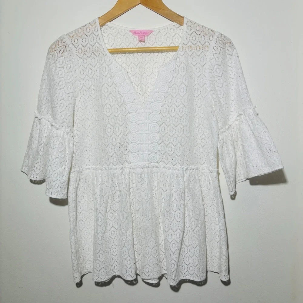 Lilly Pulitzer White Diamond Geo Lace Inez Eyelet Peplum Boho Blouse Top Sz XXS